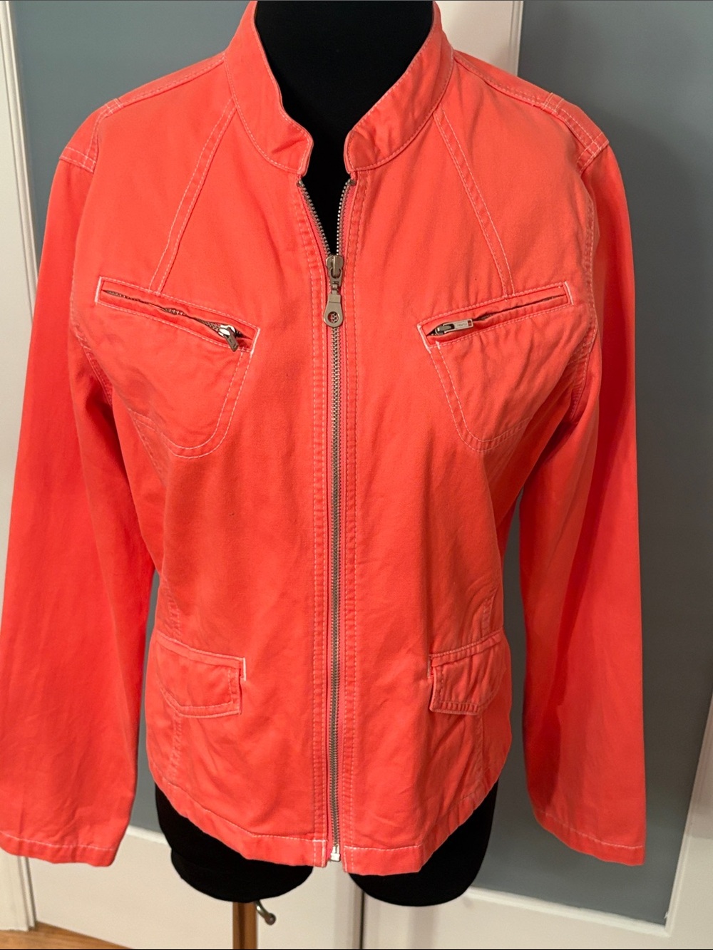 French Cuff Bright Coral Zip-Front Utility Jacket 100% Cotton